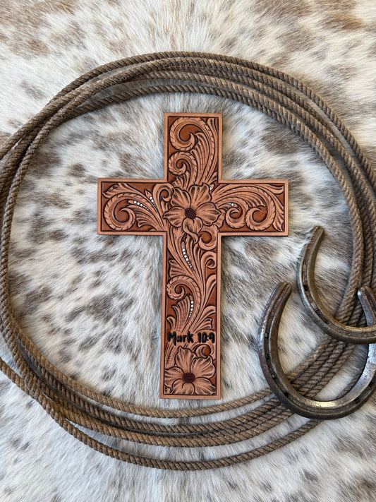 Tooled Floral Leather Cross - Floral and white accents