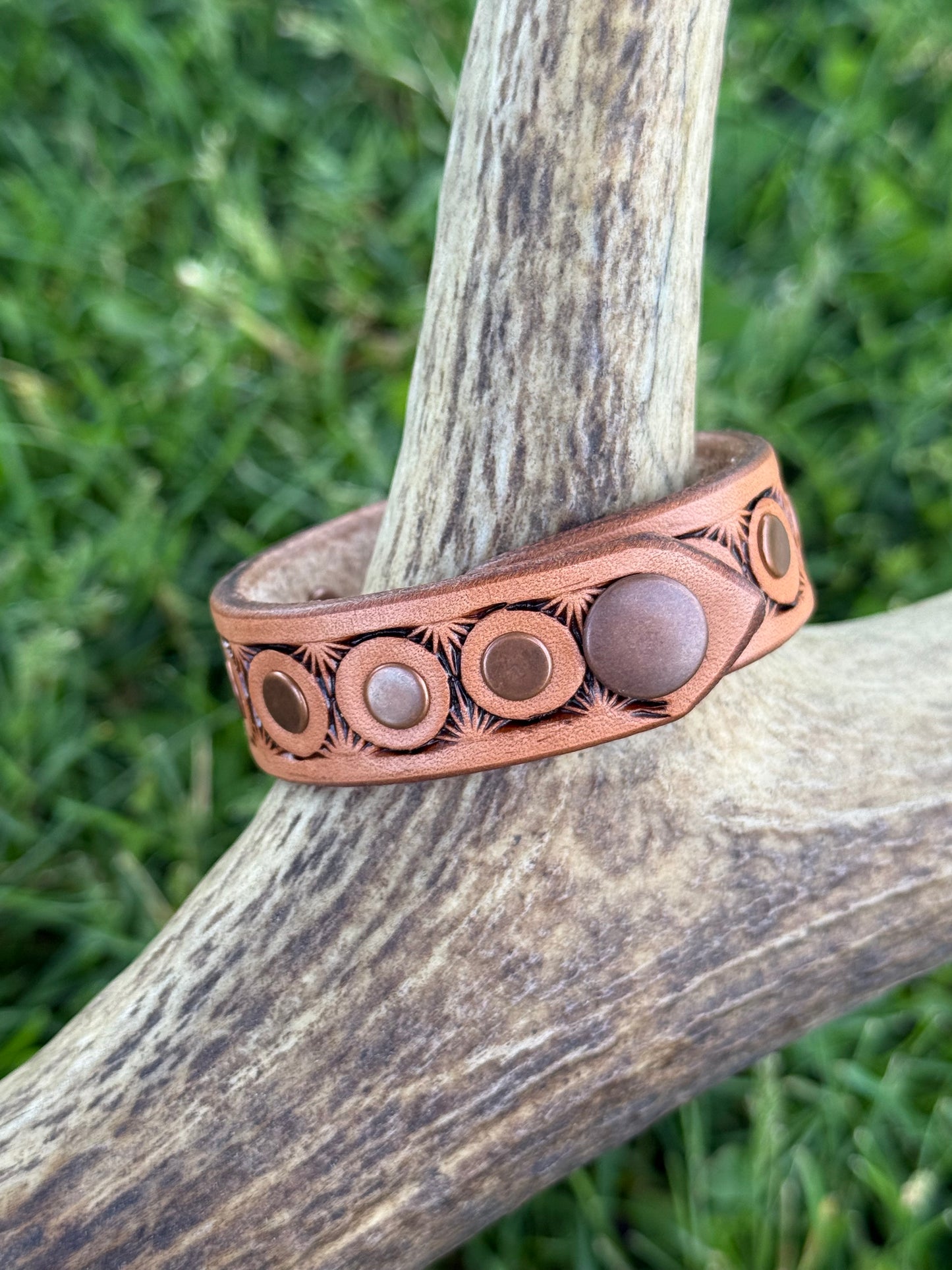 Stamped leather bracelet -antique copper rivets
