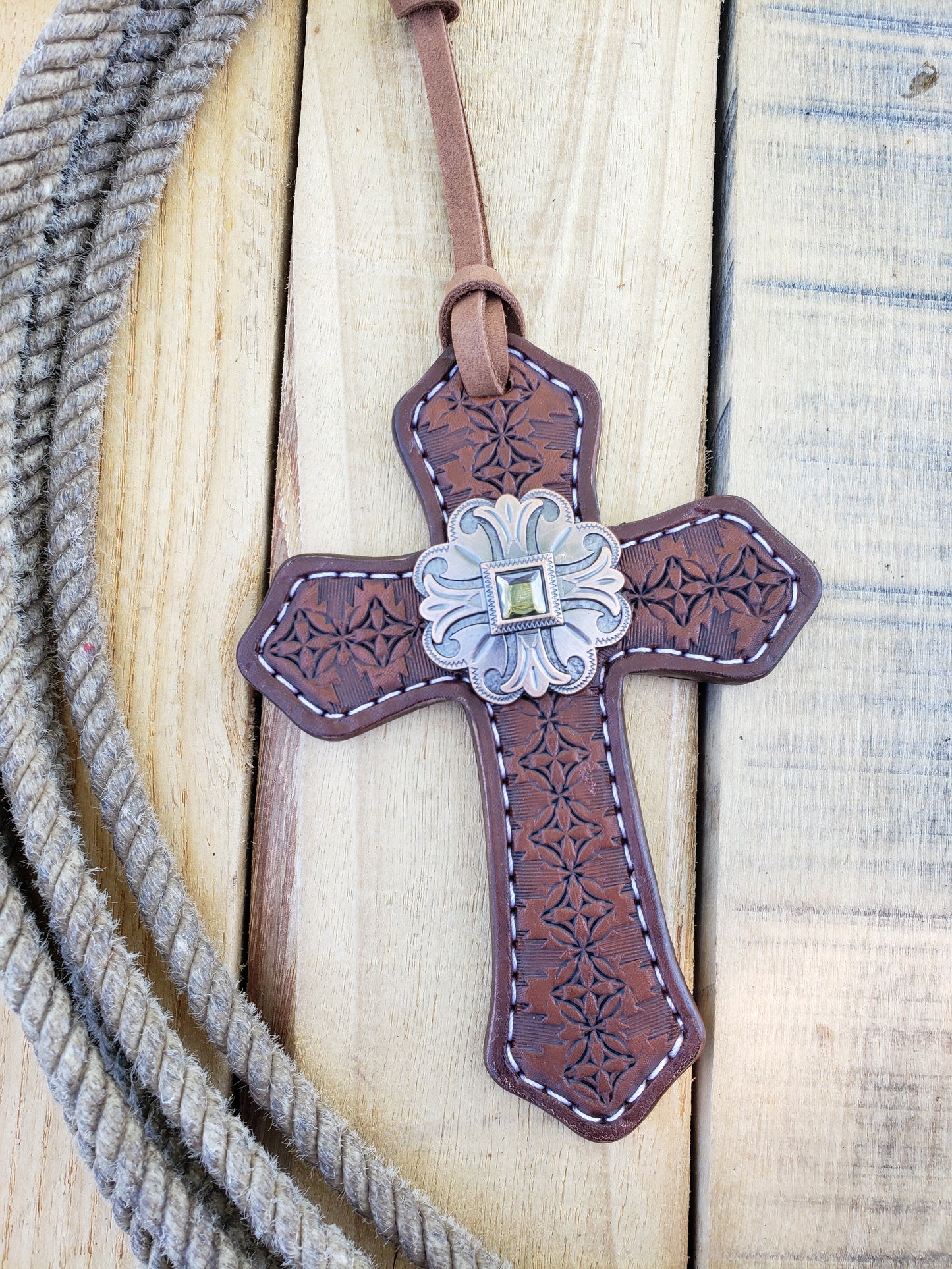 Leather cross charm, geometric with large antique bronze concho