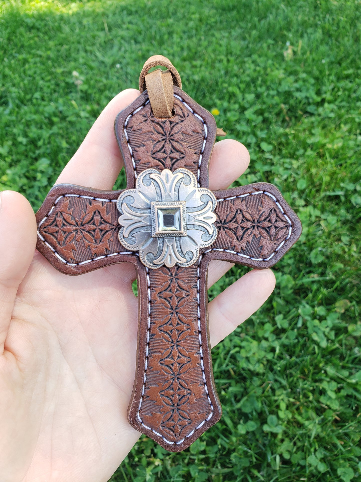 Leather cross charm, geometric with large antique bronze concho