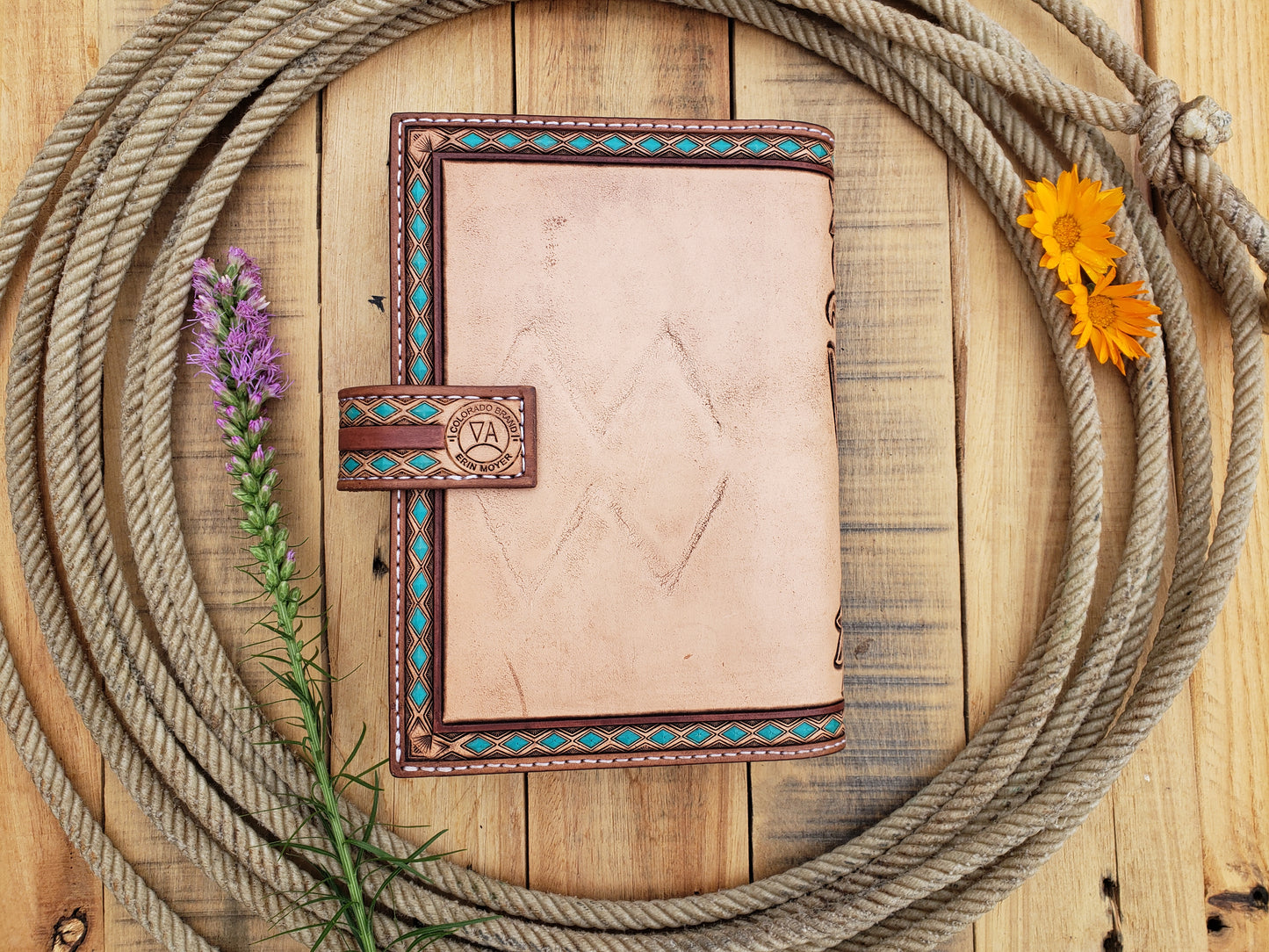 Tooled leather Mini Donkey notebook, handmade leather portfolio