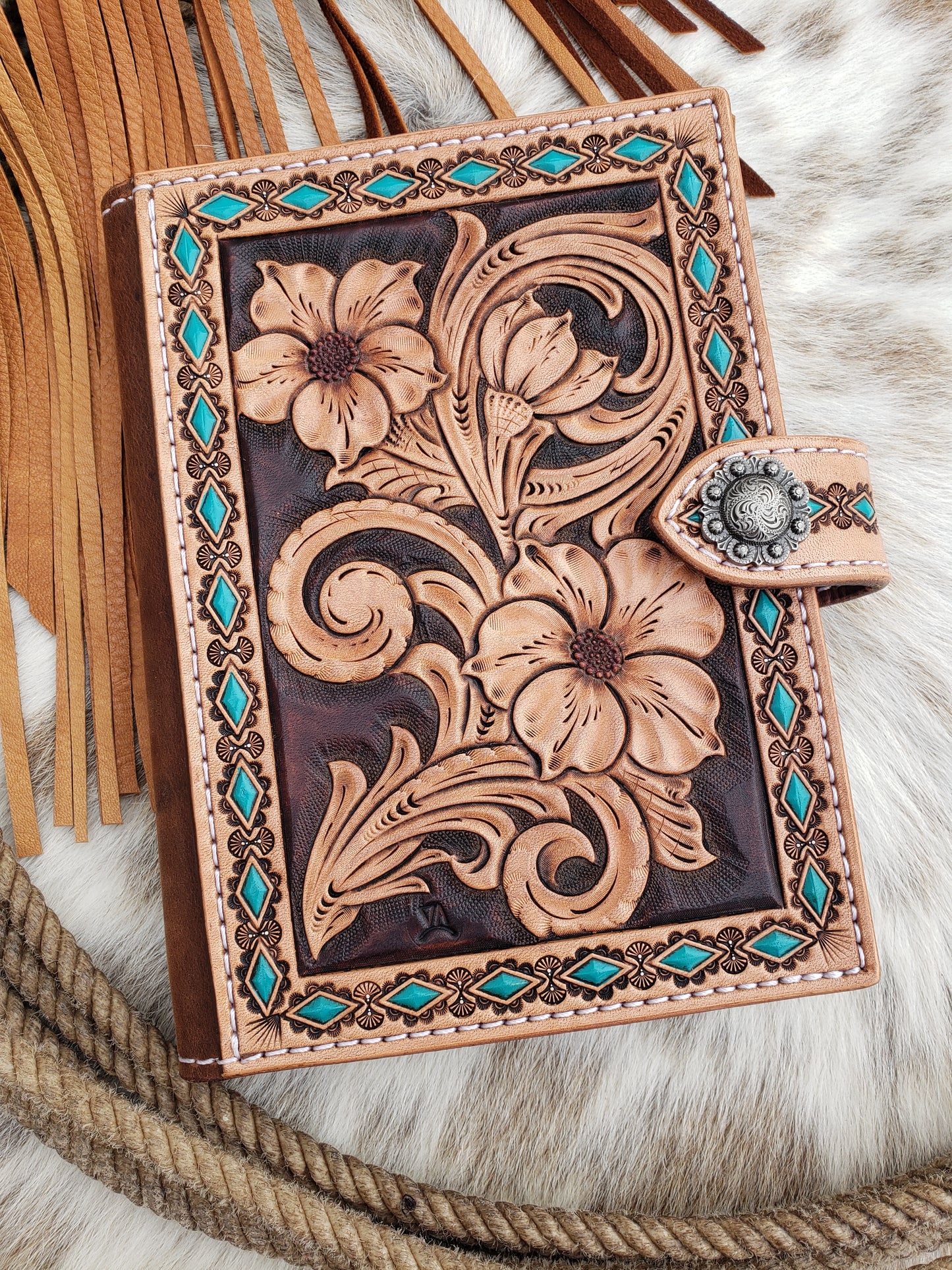 Floral and turquoise tooled leather notebook