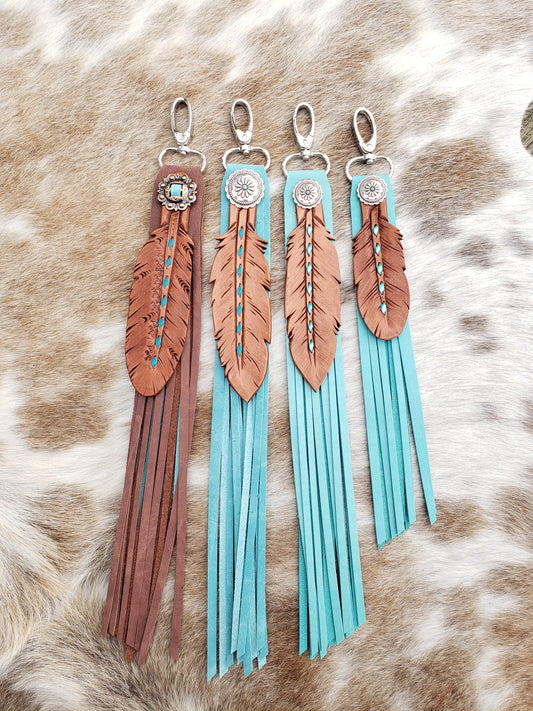 Turquoise buckstitch fringy feather charm