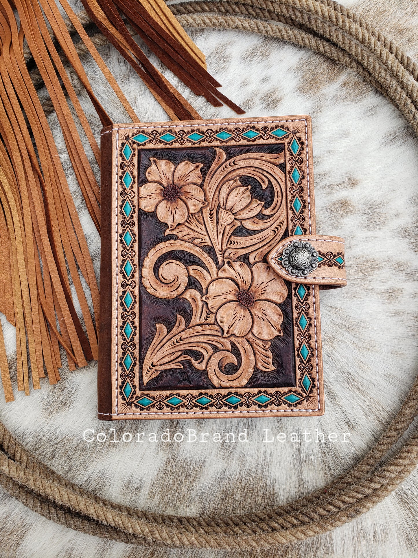 Floral and turquoise tooled leather notebook