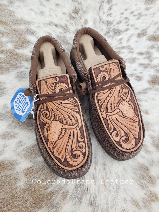 Men's size 9 loafers with custom tooled leather patches