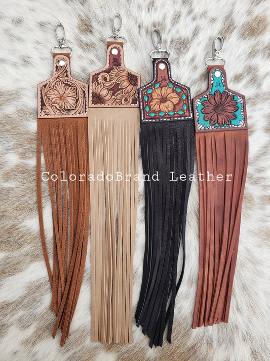 Fringy cow tag bag charm