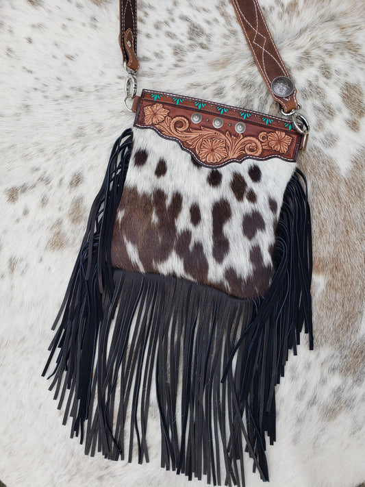 Fringy cowhide and leather bag, black fringe