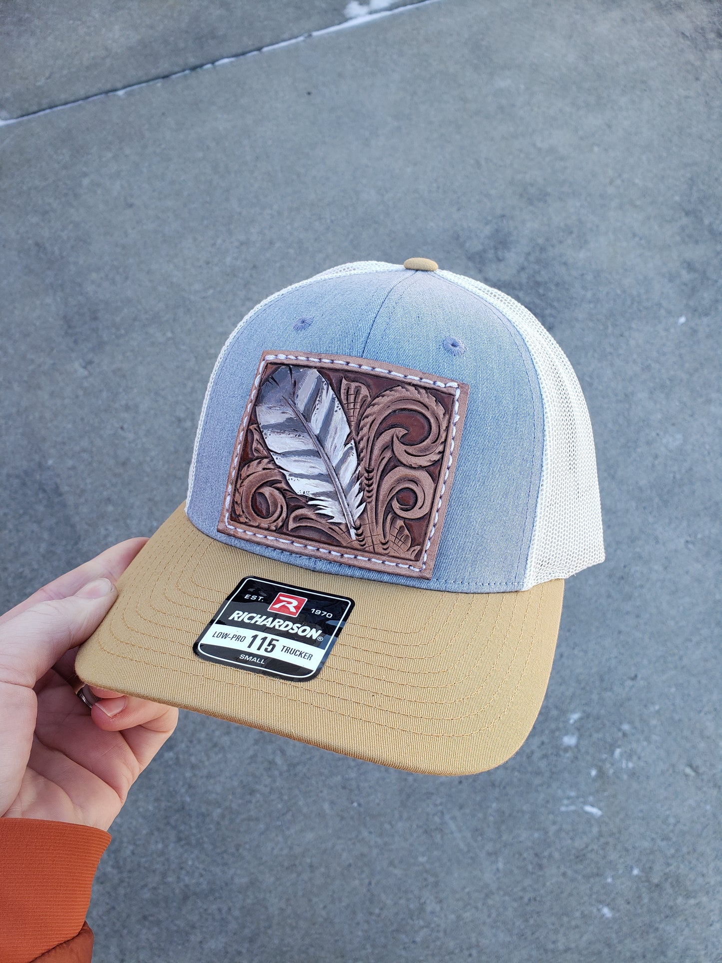 Tooled feather and scrolls snapback