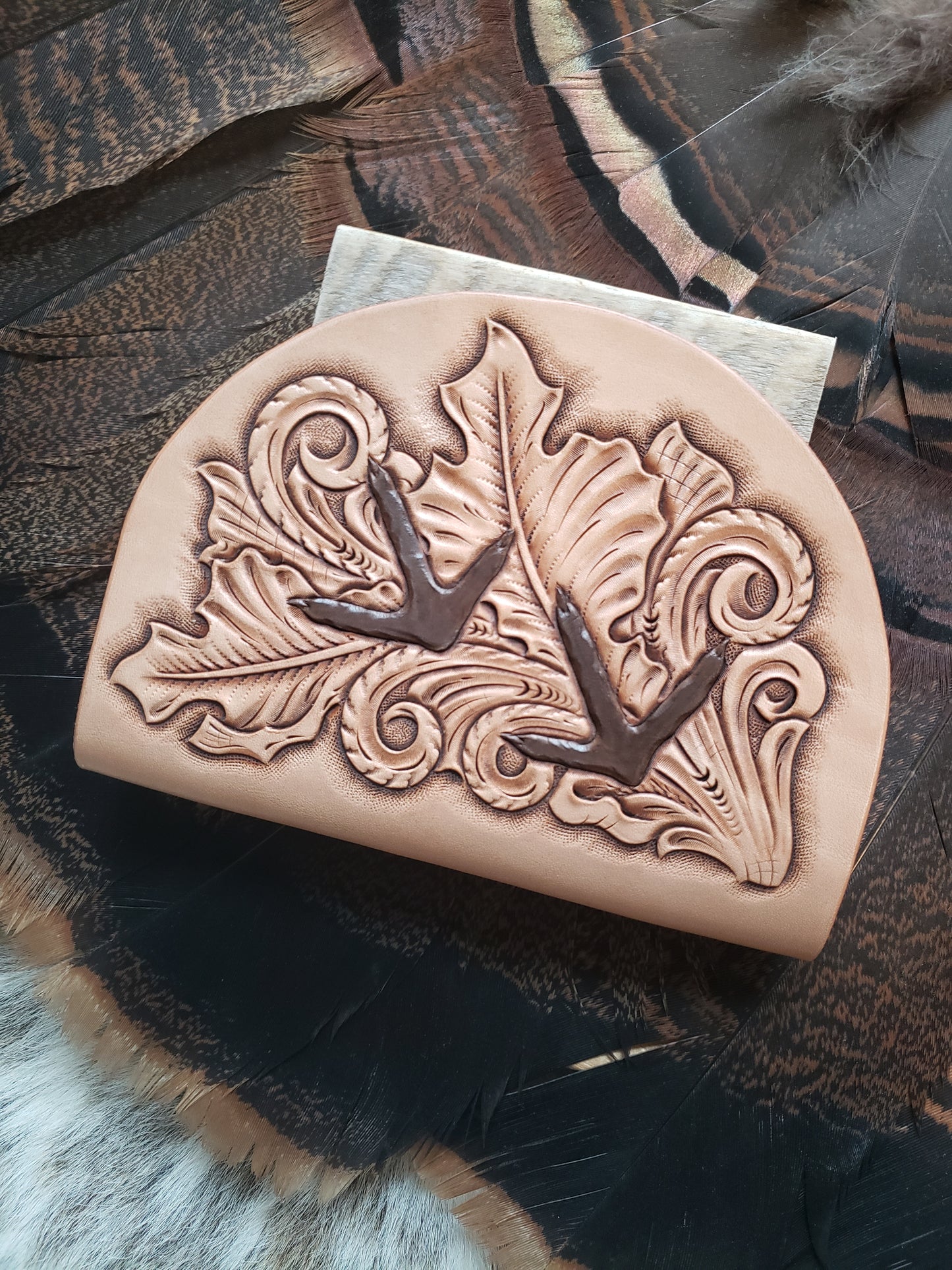 Tooled leather turkey fan mount holster, oak leaf and turkey tracks