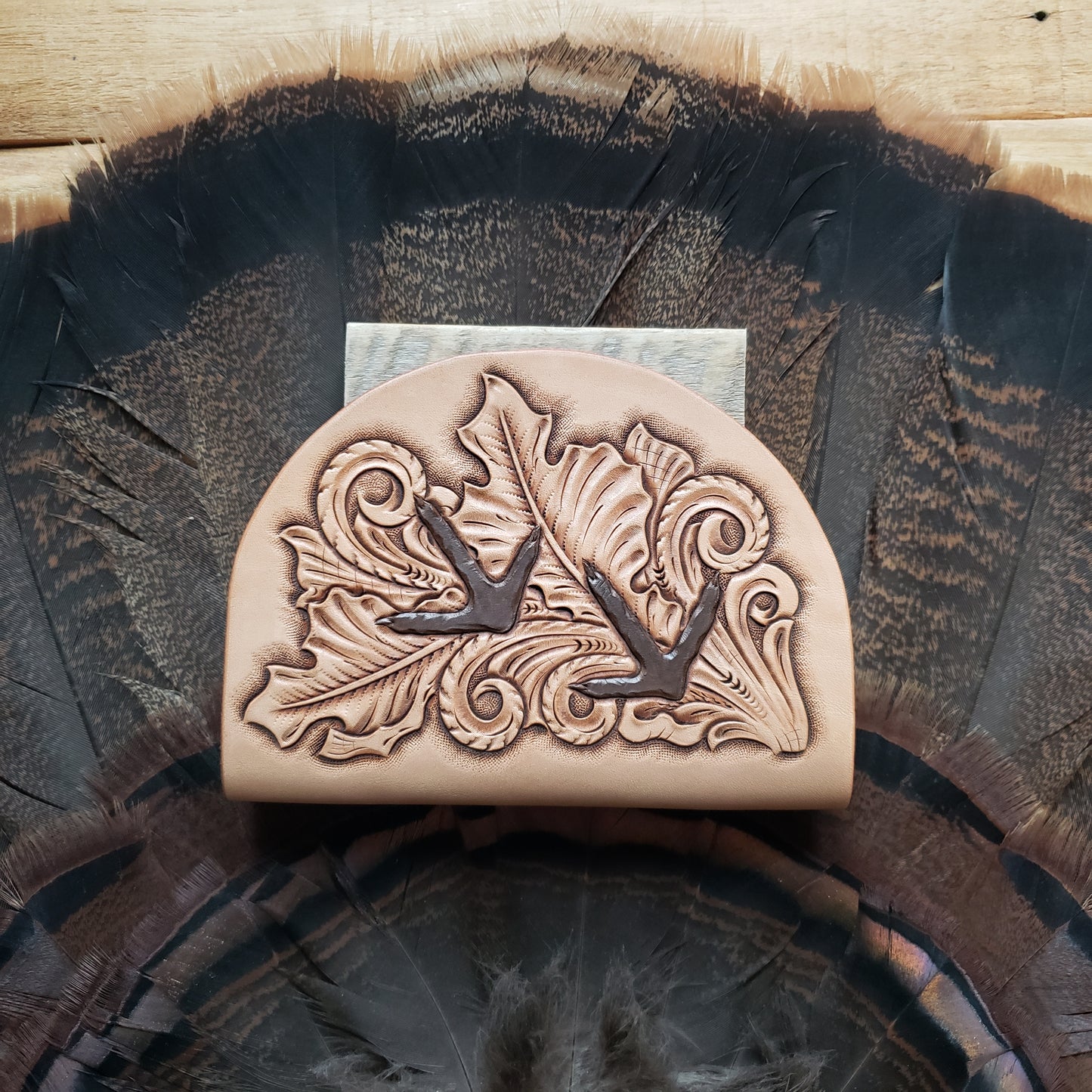 Tooled leather turkey fan mount holster, oak leaf and turkey tracks