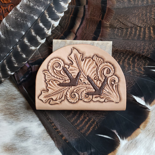 Tooled leather turkey fan mount holster, oak leaf and turkey tracks