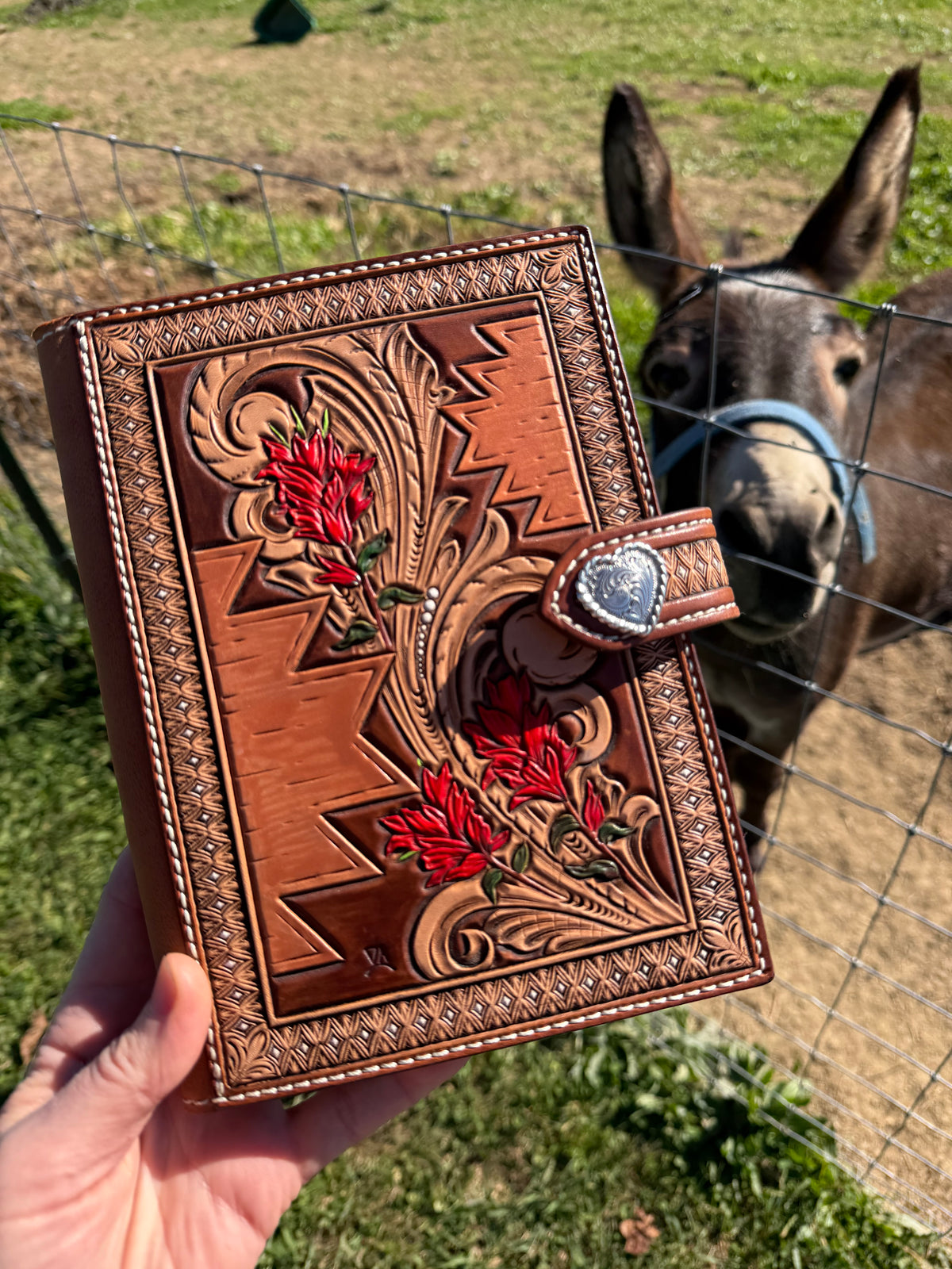Handmade tooled leather Indian Paintbrush notebook cover