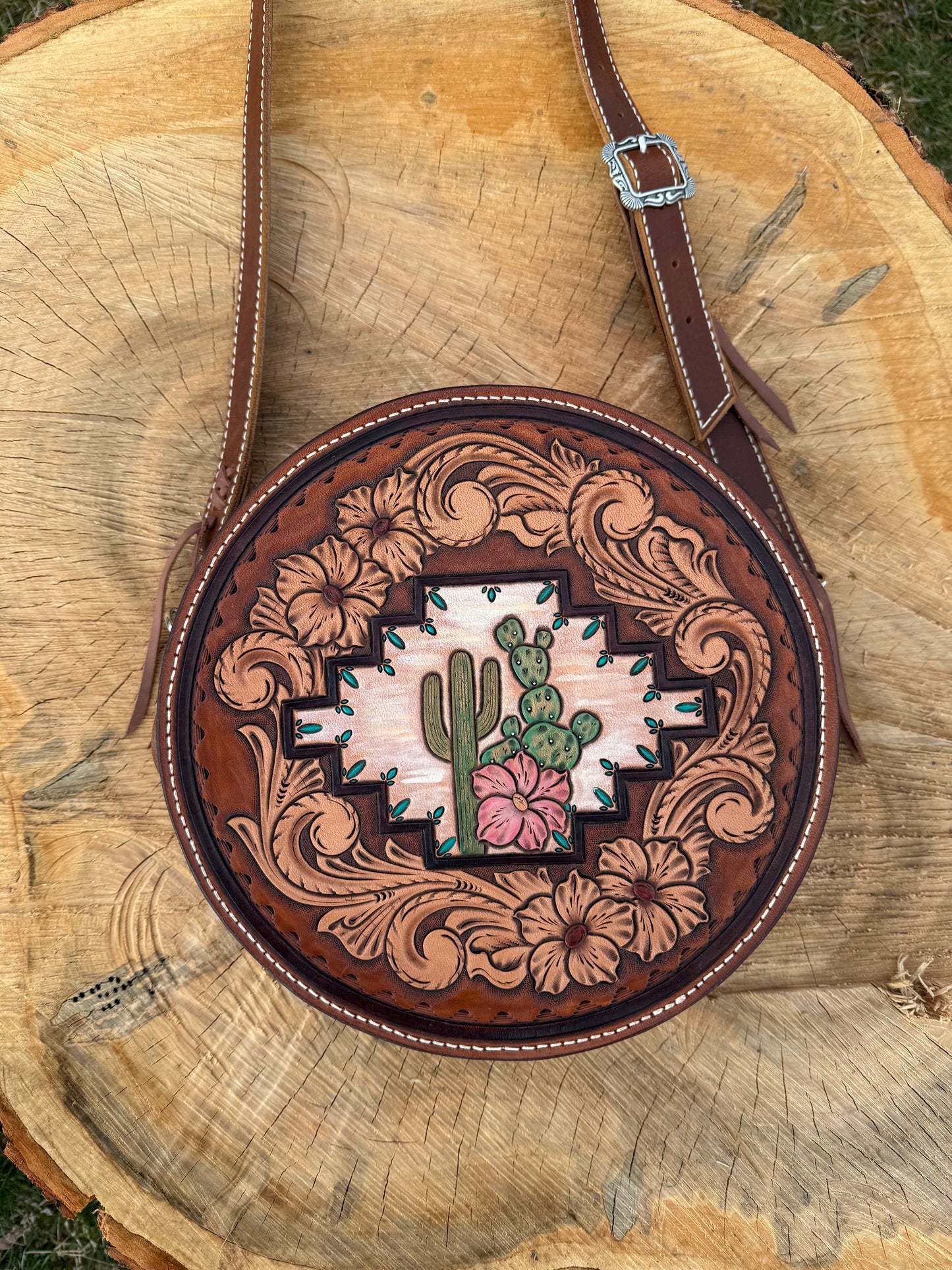 Tooled leather round bag purse, cactus and floral round bag