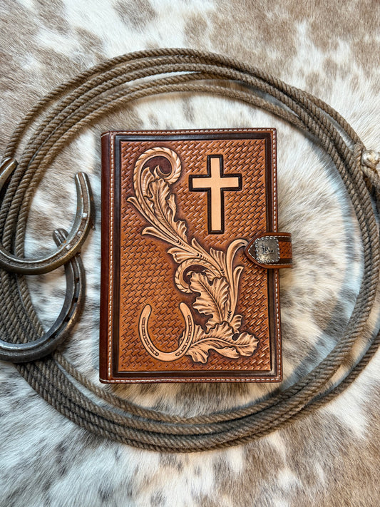 Tooled leather Bible cover, horseshoe and floral