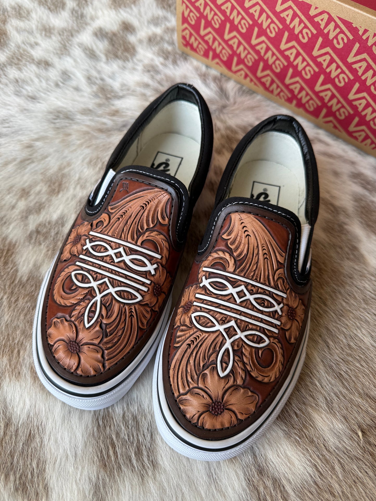 Women’s size 7.5 Custom Tooled Vans Slip on shoes with floral and bootstitch
