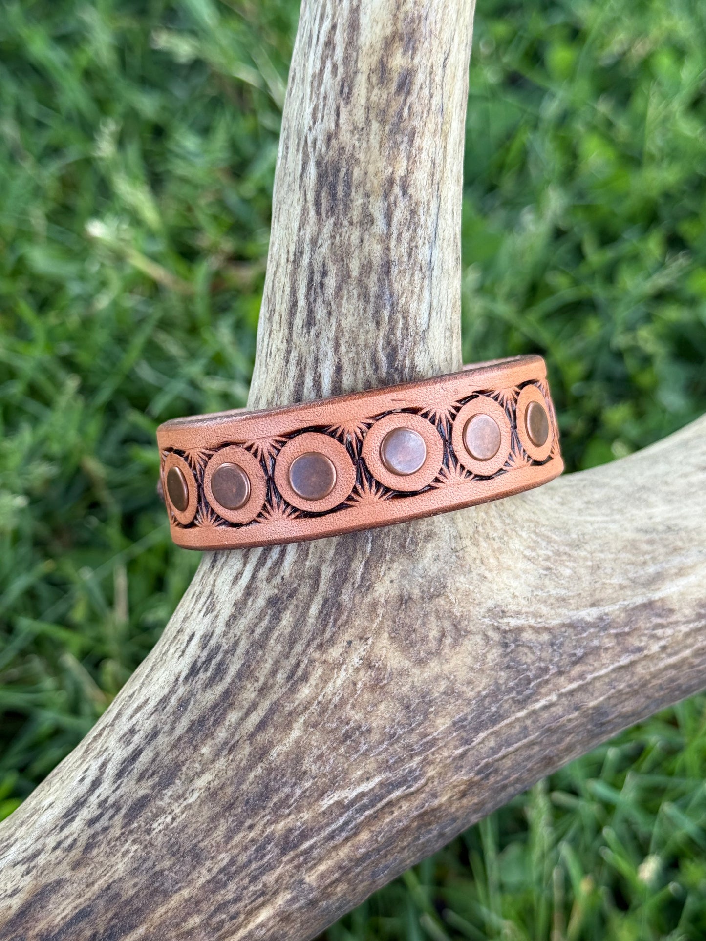 Stamped leather bracelet -antique copper rivets