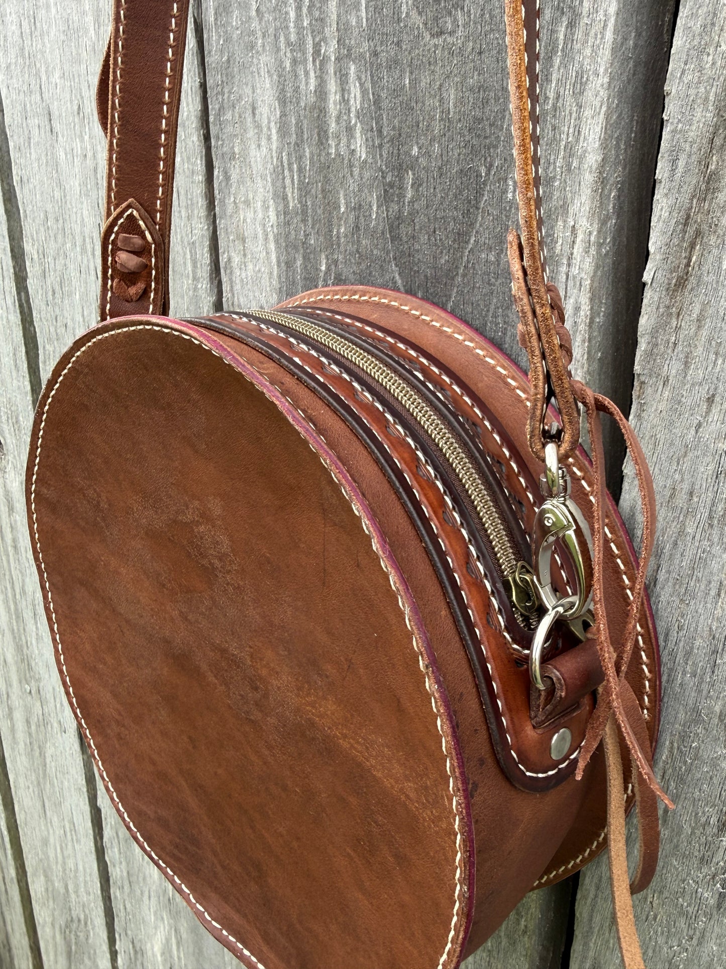 Tooled leather round bag purse, cactus and floral round bag
