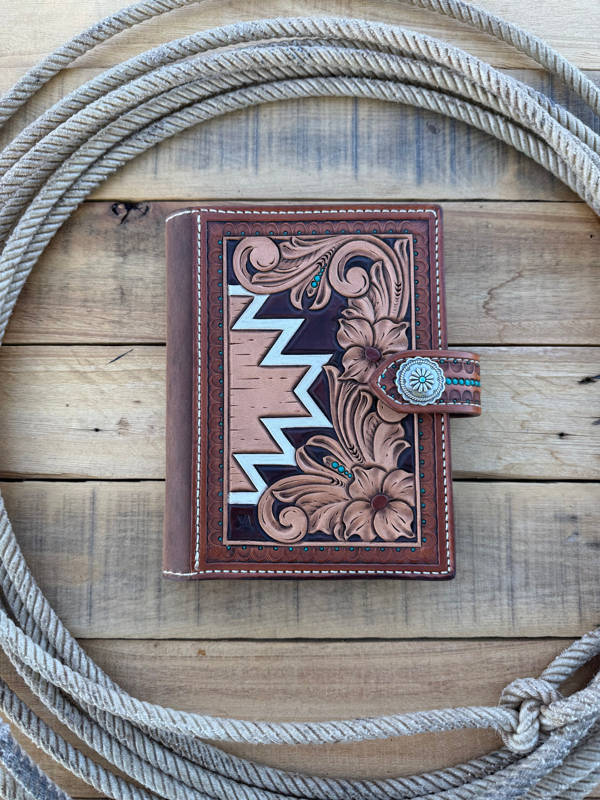 Handmade tooled leather western floral and Aztec notebook cover