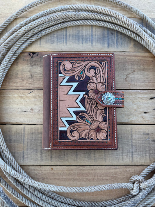 Handmade tooled leather western floral and Aztec notebook cover