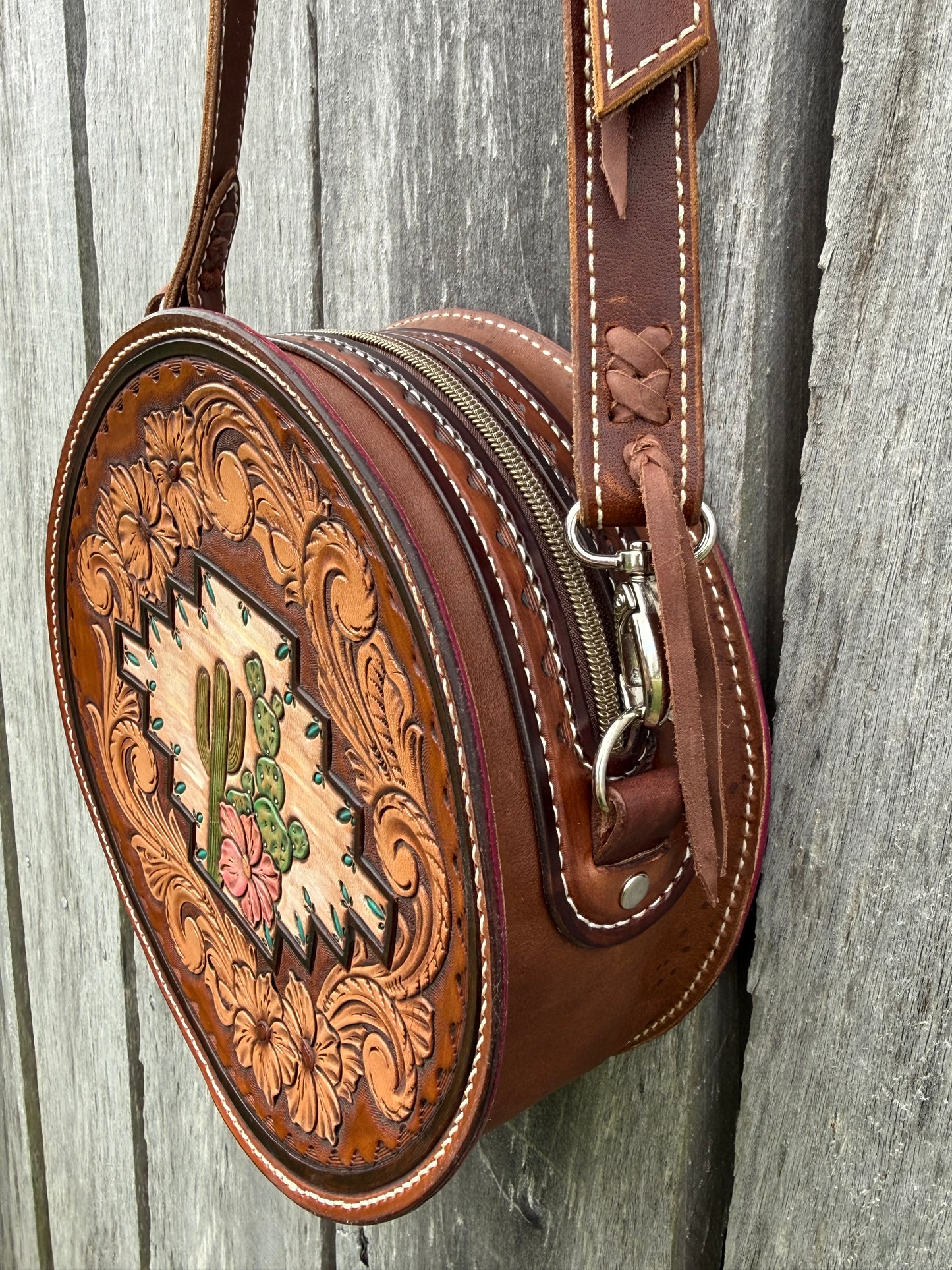 Tooled leather round bag purse, cactus and floral round bag