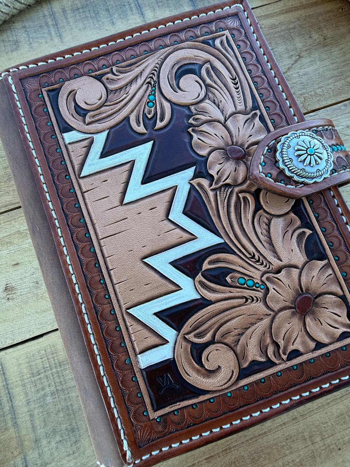 Handmade tooled leather western floral and Aztec notebook cover