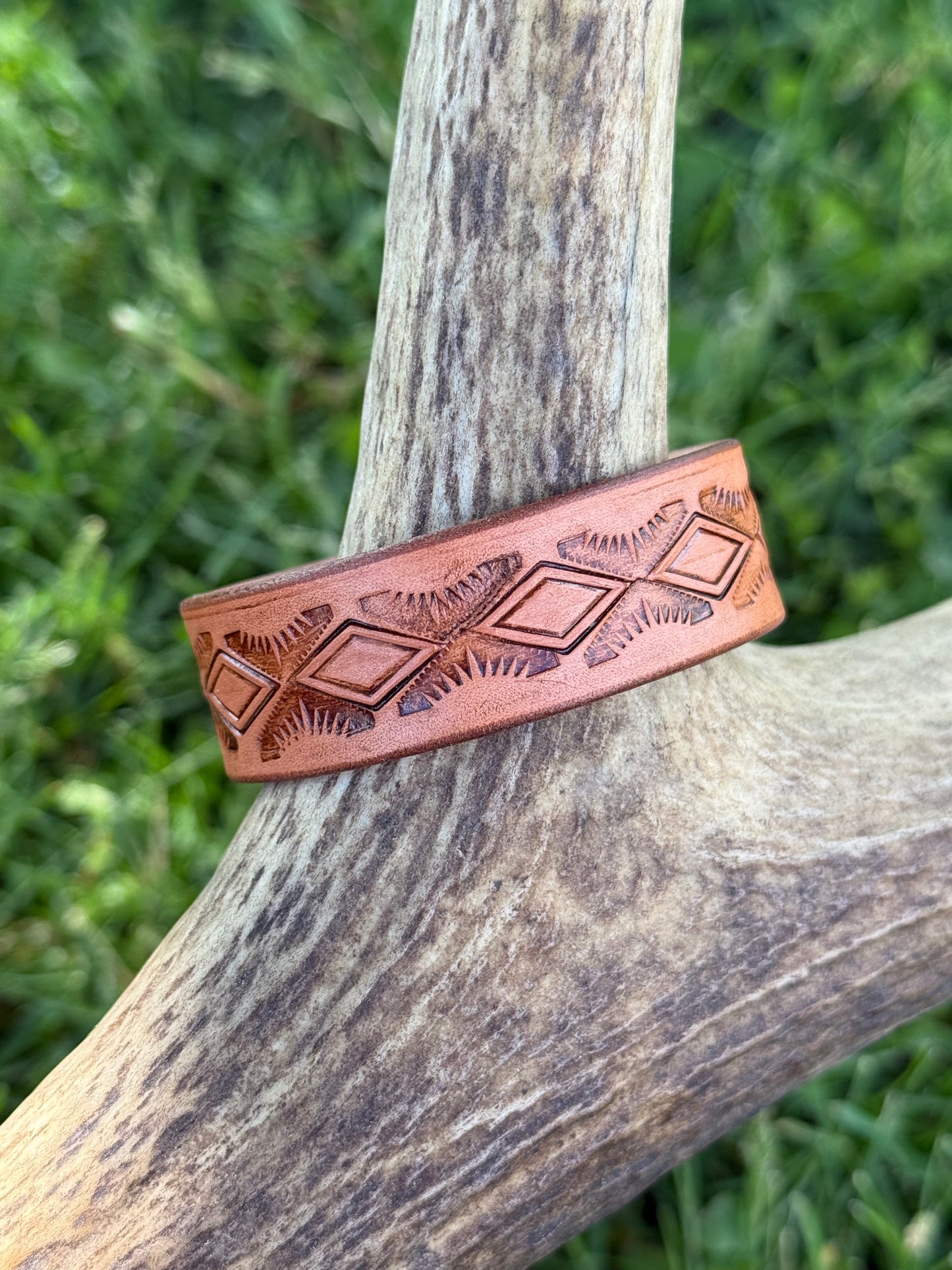 Stamped leather bracelet -diamond and sunburst