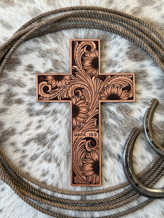 Tooled Floral Leather Cross - Sunflower