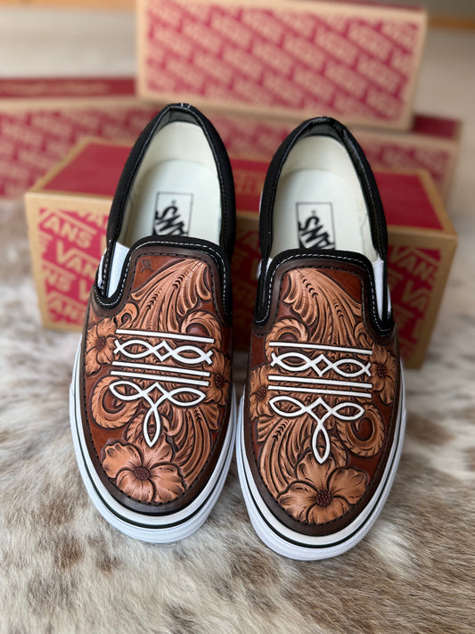 Women’s size 7.5 Custom Tooled Vans Slip on shoes with floral and bootstitch