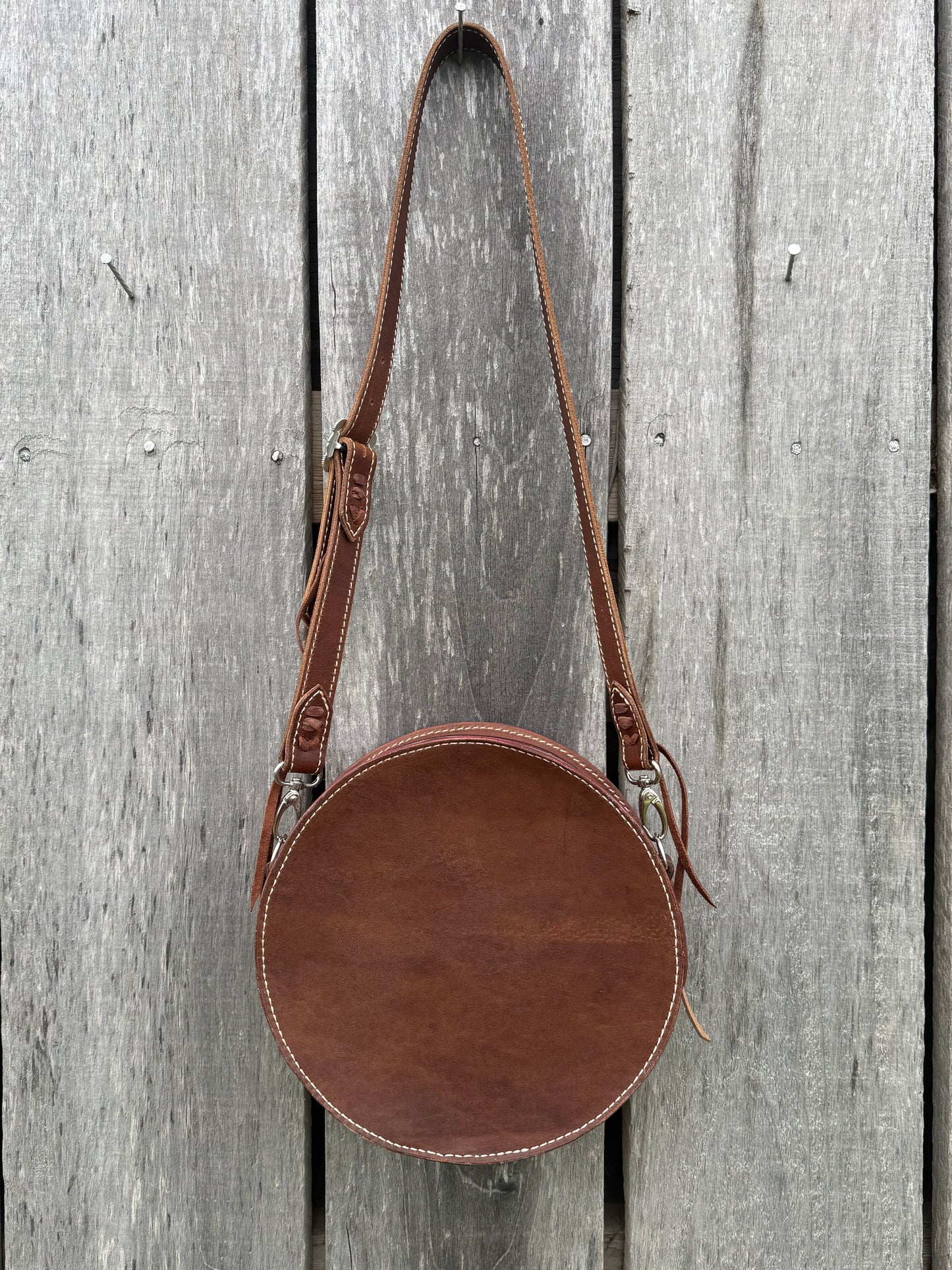 Tooled leather round bag purse, cactus and floral round bag