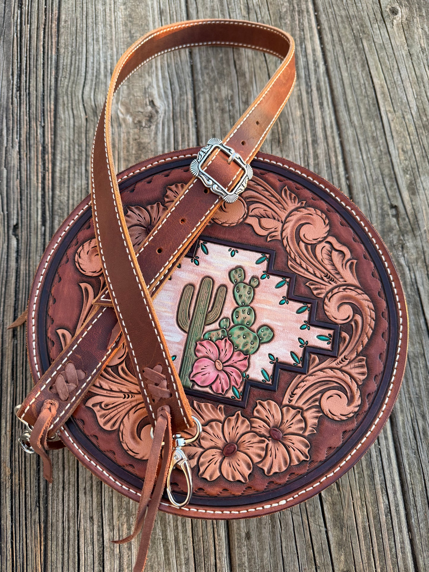 Tooled leather round bag purse, cactus and floral round bag