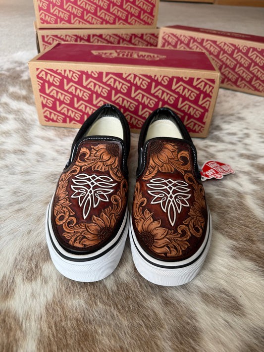 Women’s size 7.5 Custom Tooled Vans Slip on shoes with sunflower floral and bootstitch