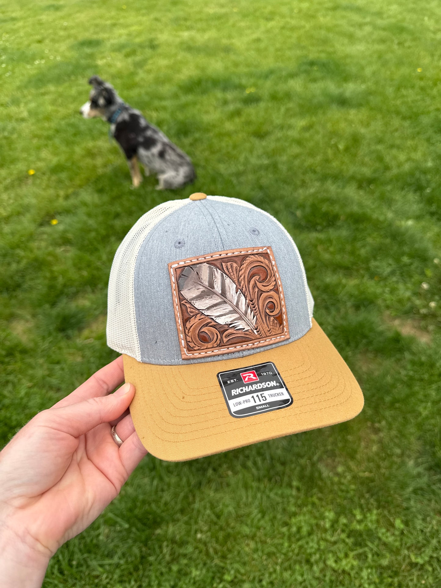 Tooled feather and scrolls snapback hat