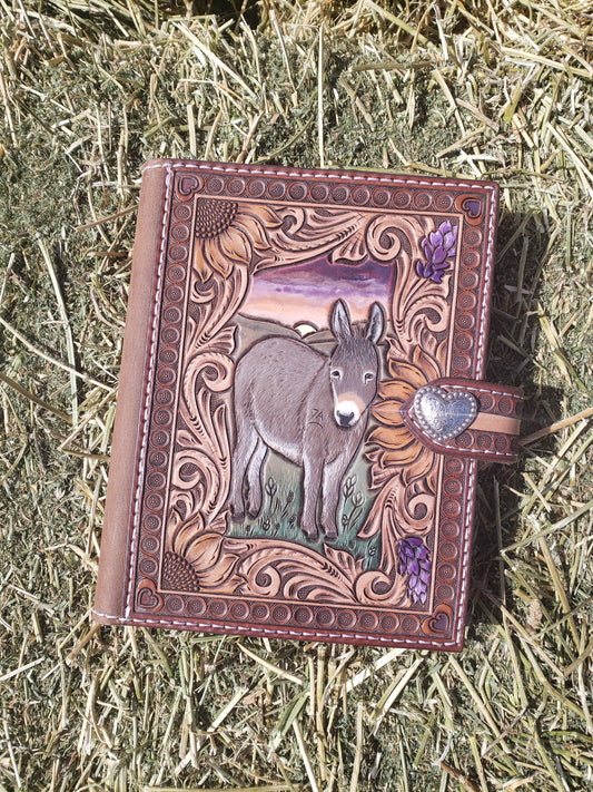 Handmade tooled Donkey and floral notebook cover, leather journal cover
