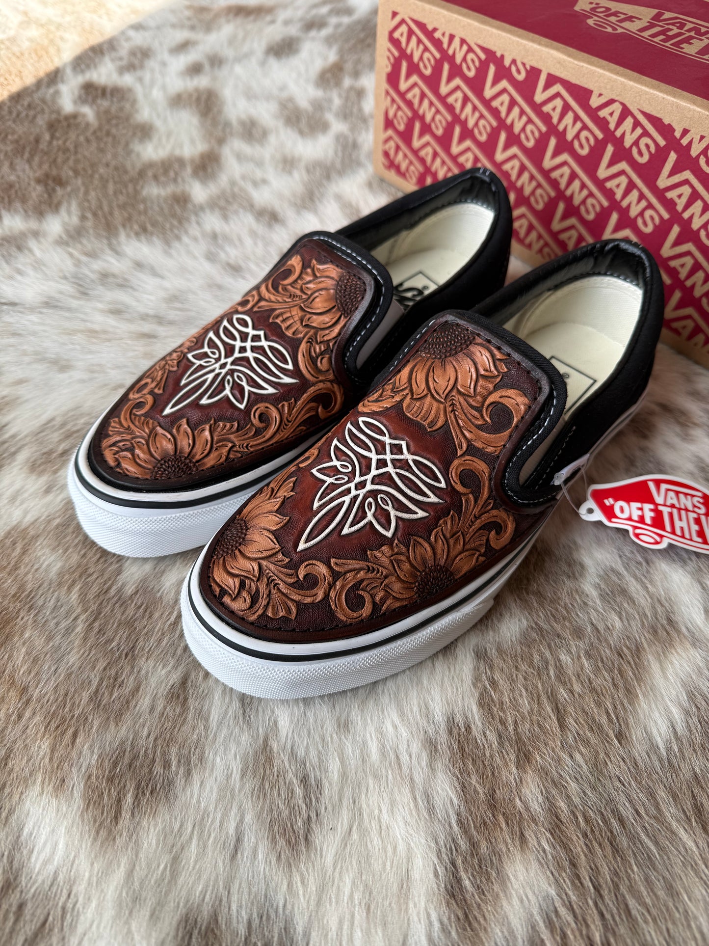 Women’s size 7.5 Custom Tooled Vans Slip on shoes with sunflower floral and bootstitch