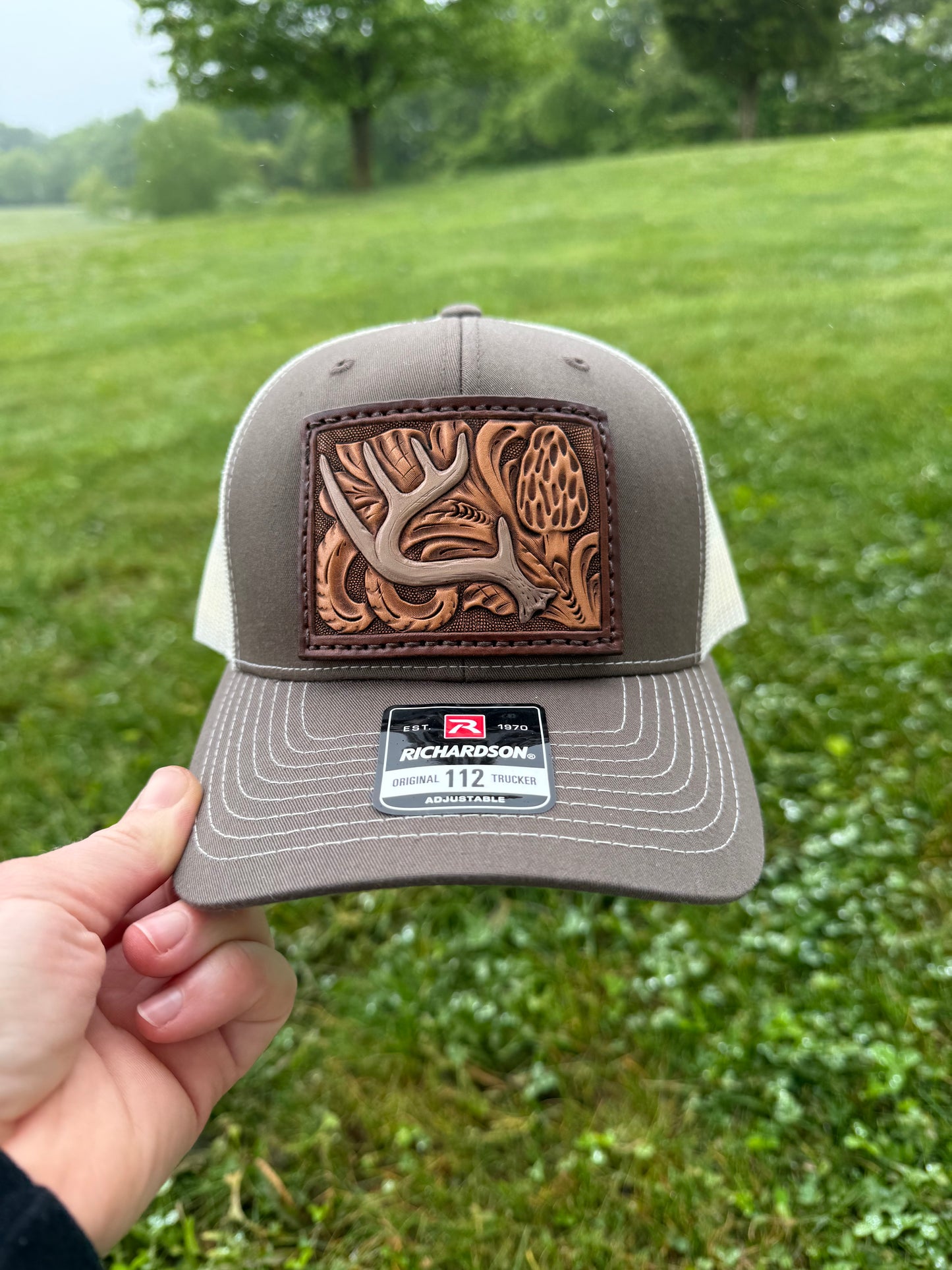 Tooled Whitetail Antler morel mushroom and floral Patch Hat