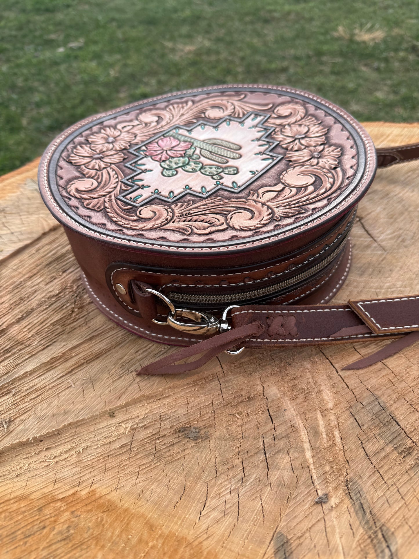 Tooled leather round bag purse, cactus and floral round bag
