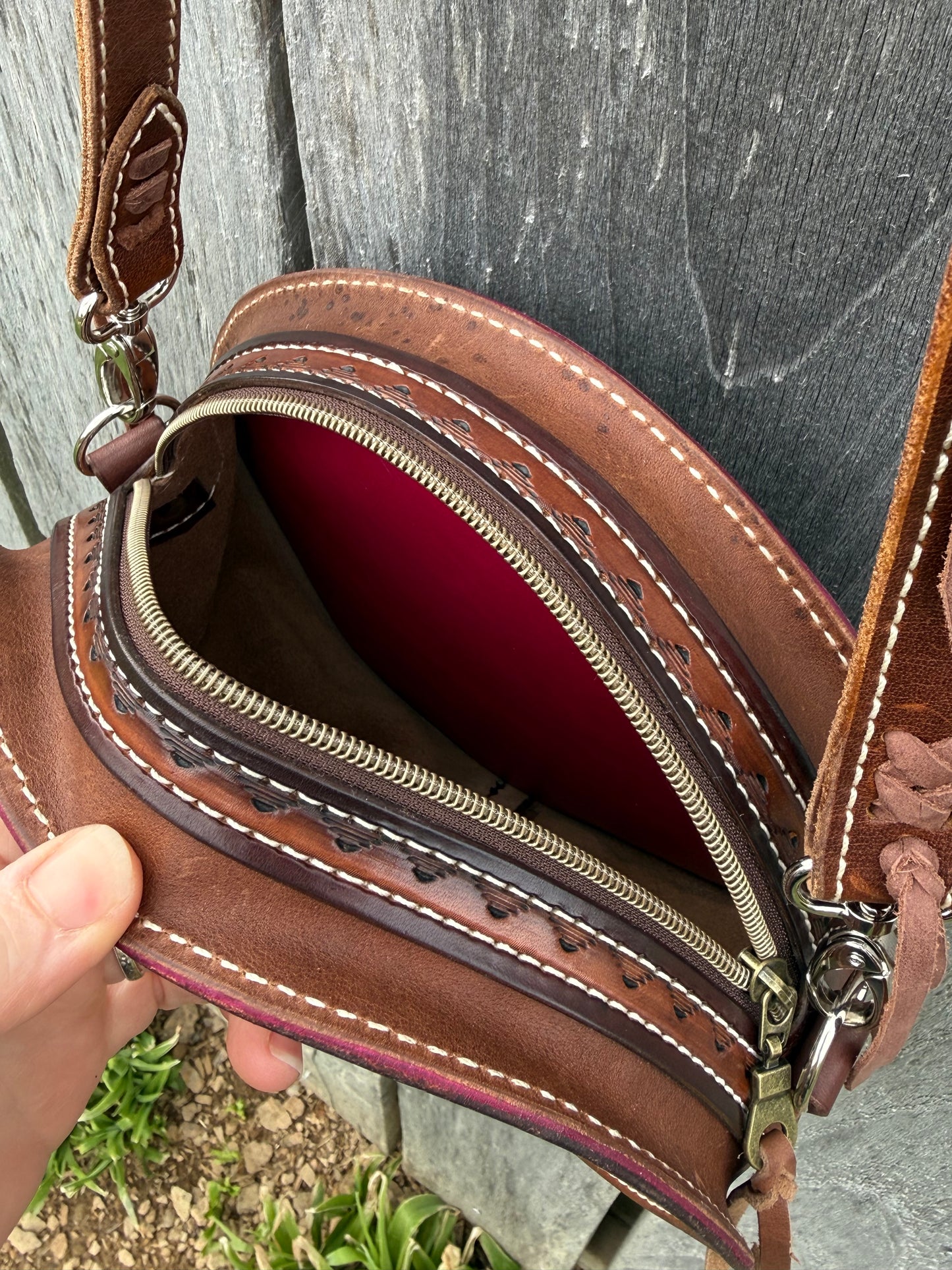 Tooled leather round bag purse, cactus and floral round bag