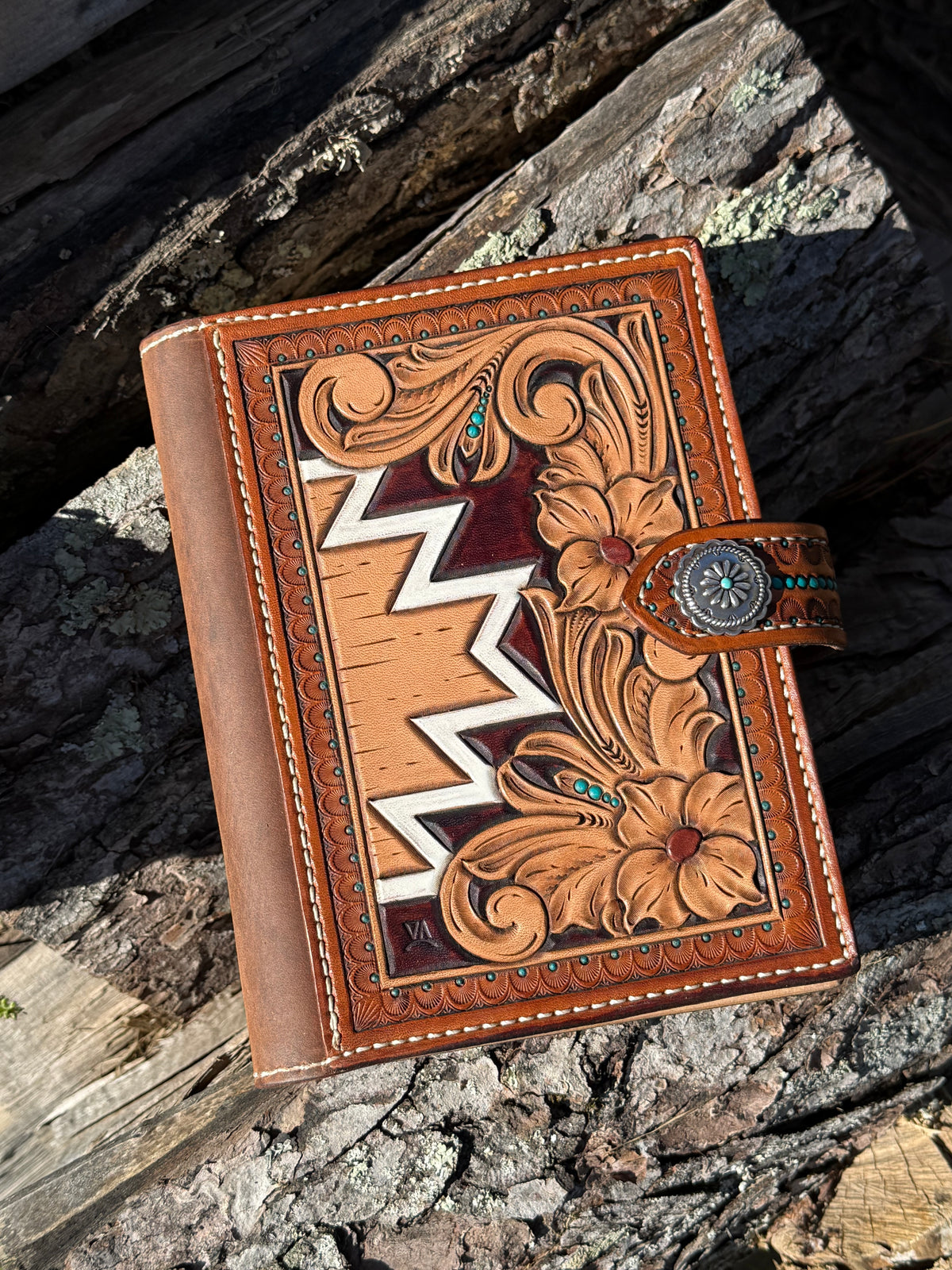Handmade tooled leather western floral and Aztec notebook cover