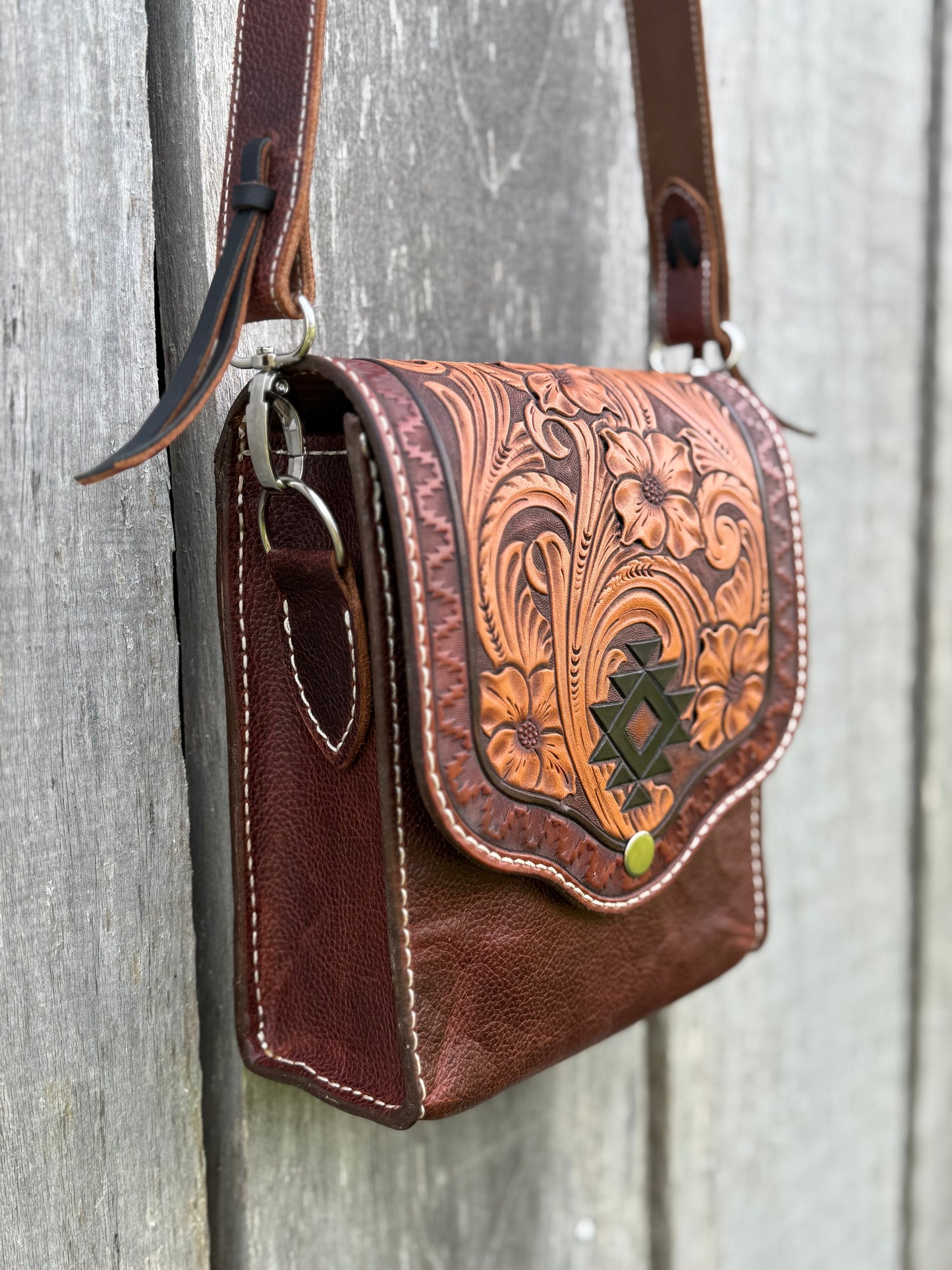 Tooled leather saddlebag style purse