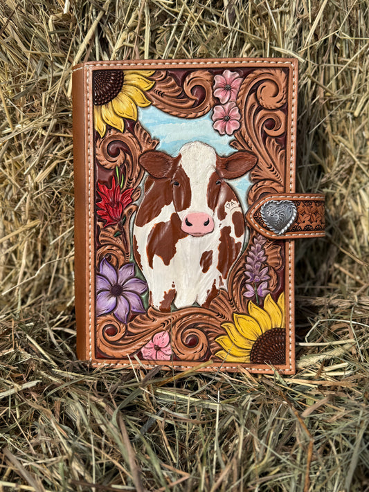 Cow and Flowers tooled leather notebook cover