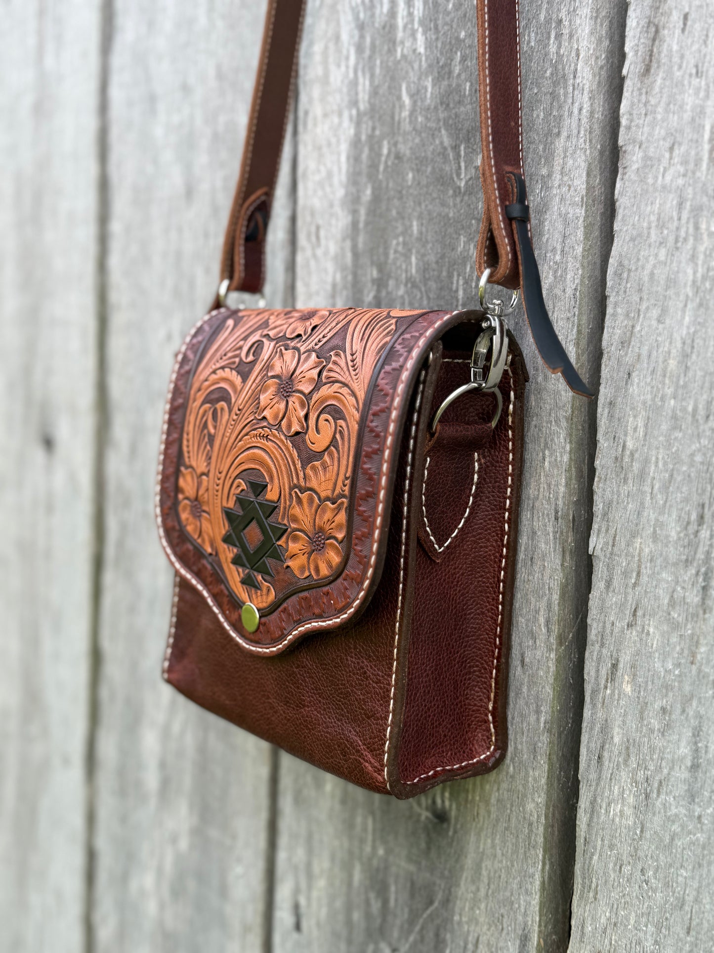 Tooled leather saddlebag style purse