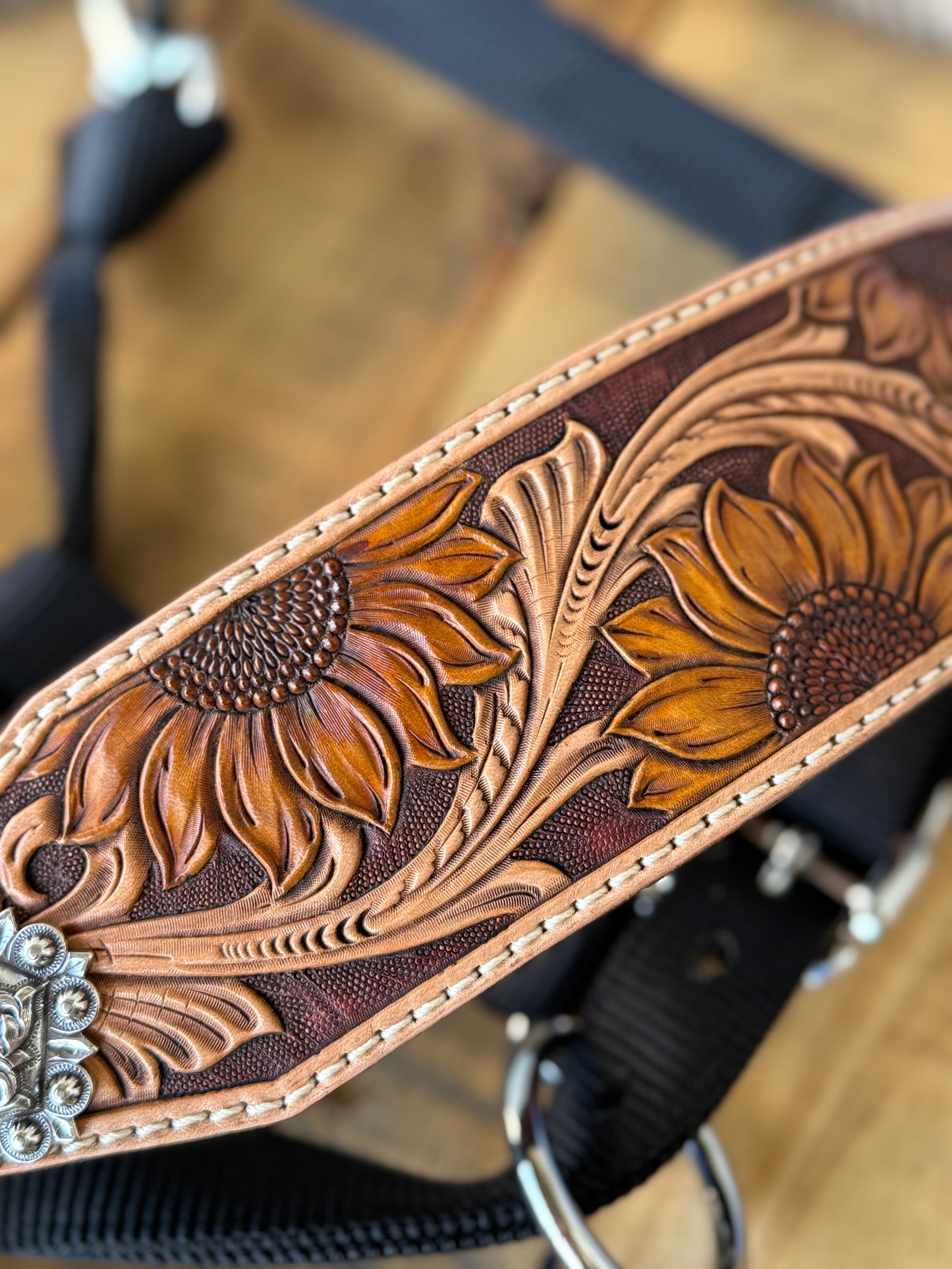Tooled leather noseband for horse halter