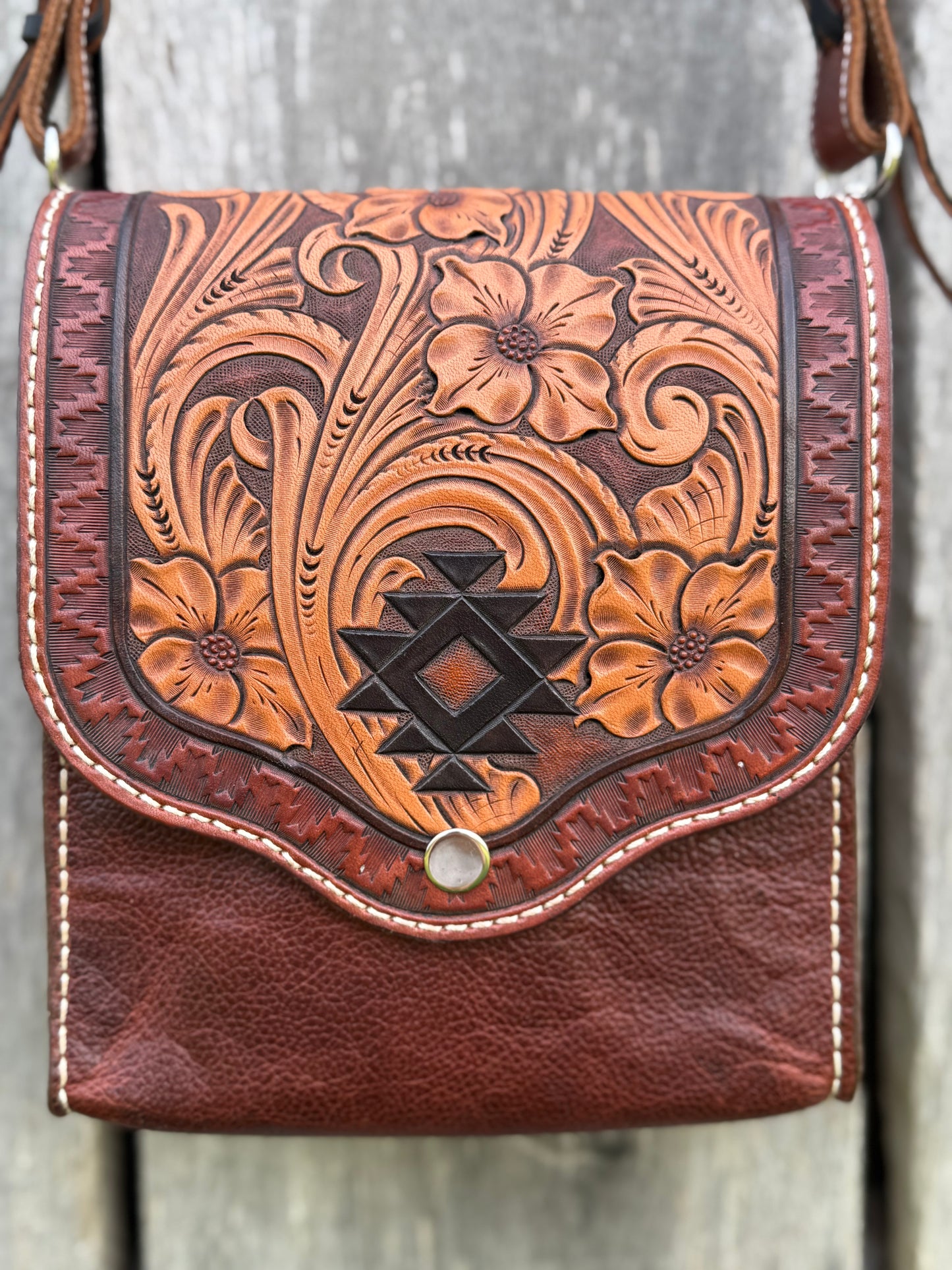Tooled leather saddlebag style purse
