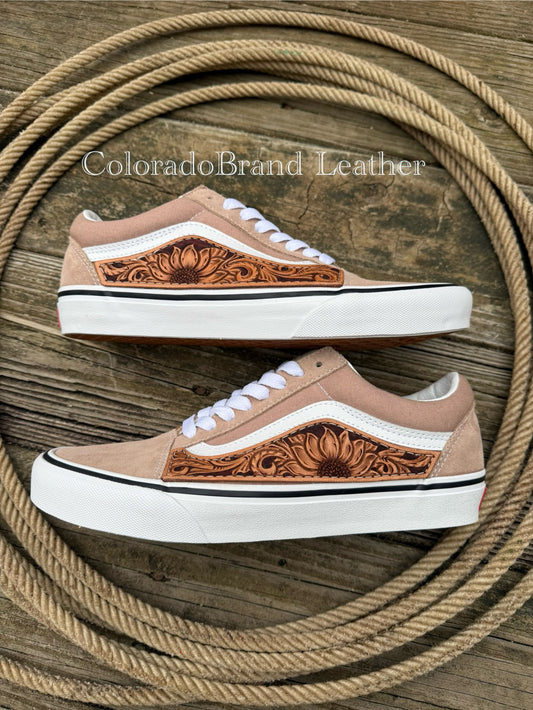 Women’s size 8 Custom Tooled Vans Old Skool shoes with sunflower floral