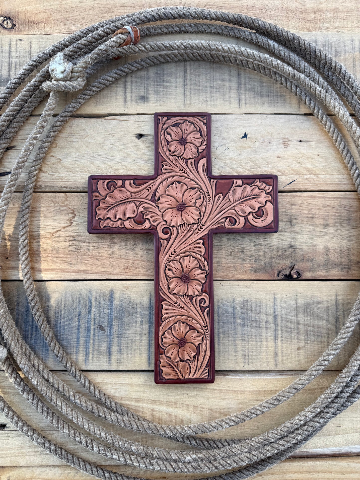 Tooled Floral Leather Cross