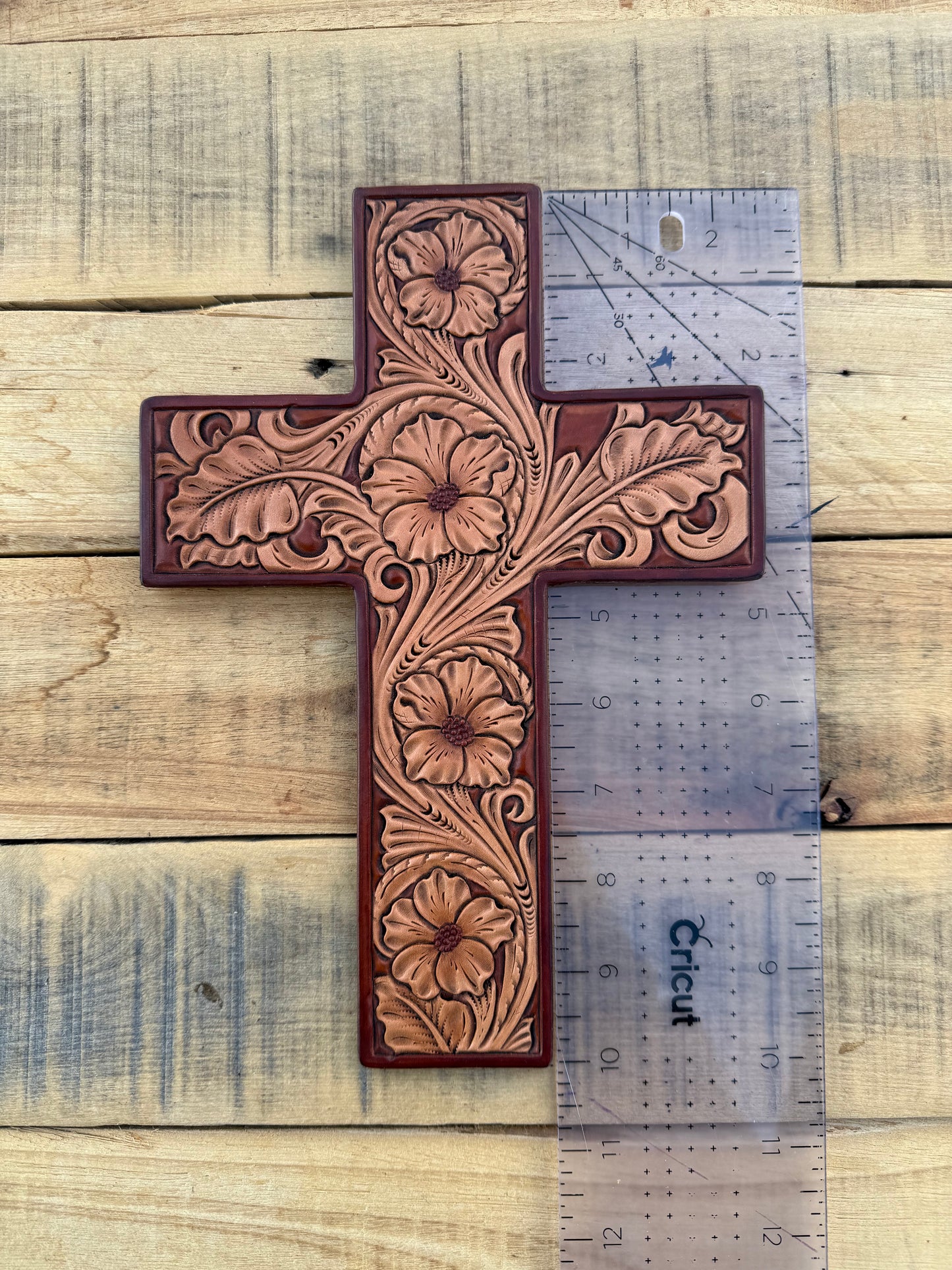 Tooled Floral Leather Cross