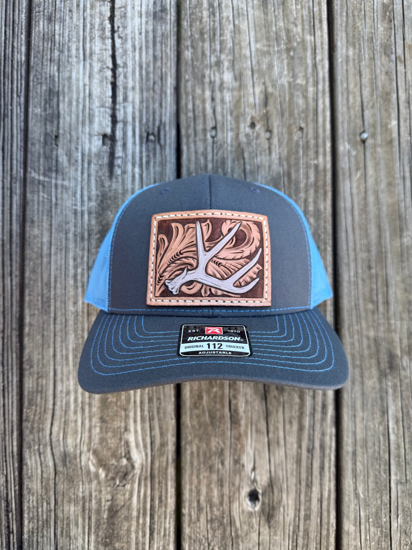 Tooled Mule deer Antler and floral Patch Hat