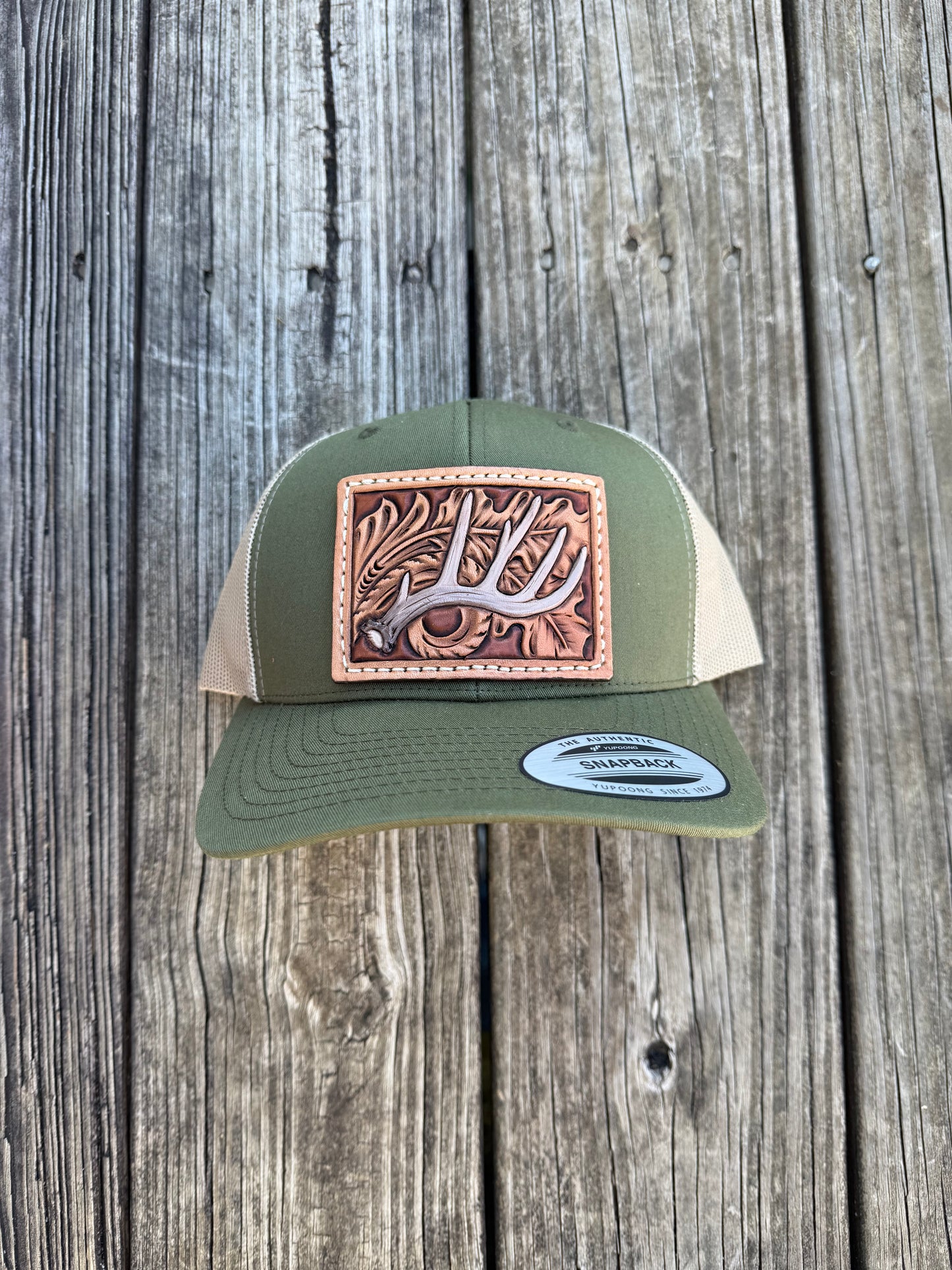 Tooled Whitetail Antler and oak leaf floral Patch Hat