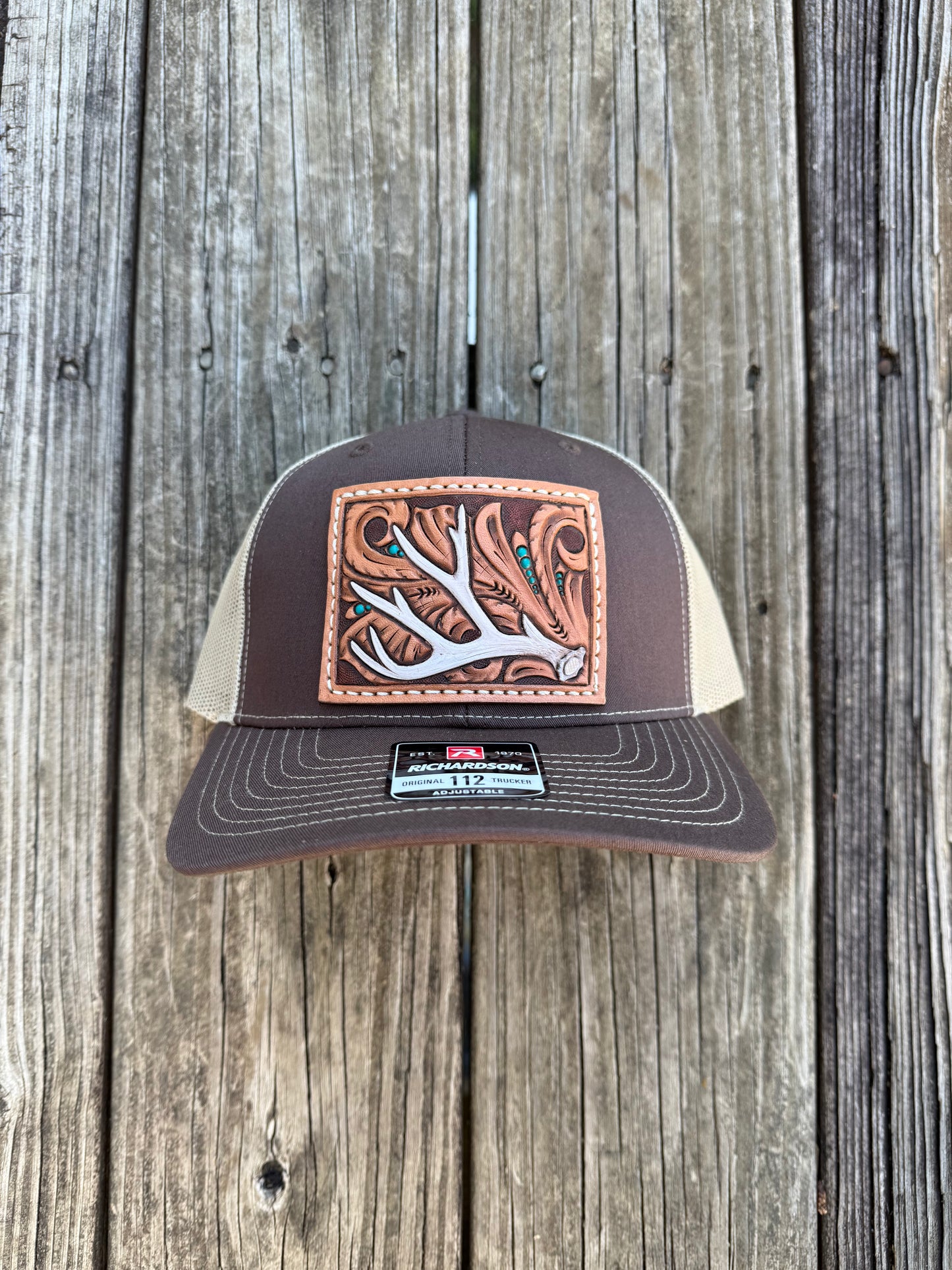 Tooled Mule deer Antler and floral Patch Hat