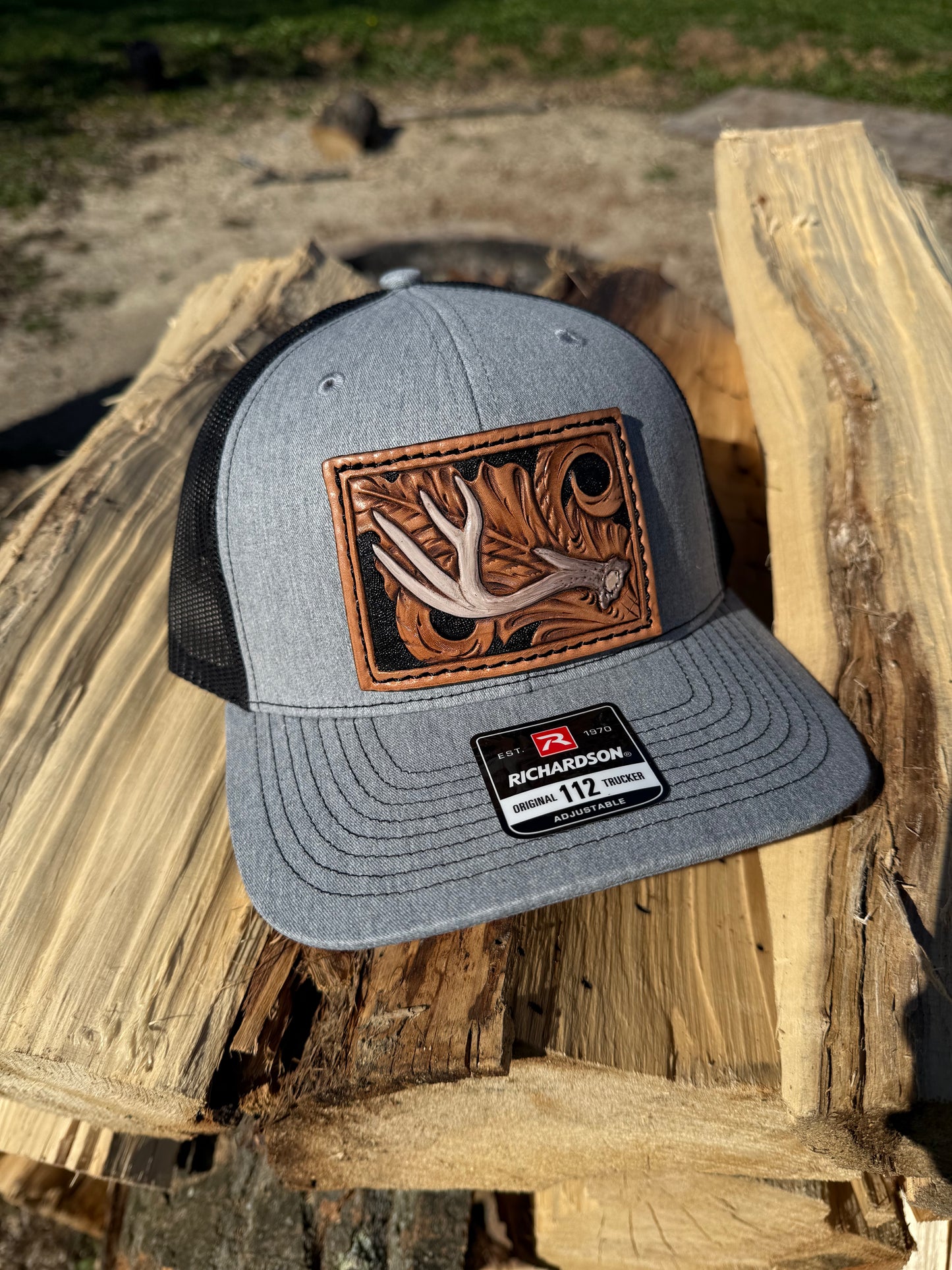 Tooled whitetail deer Antler and floral Patch Hat
